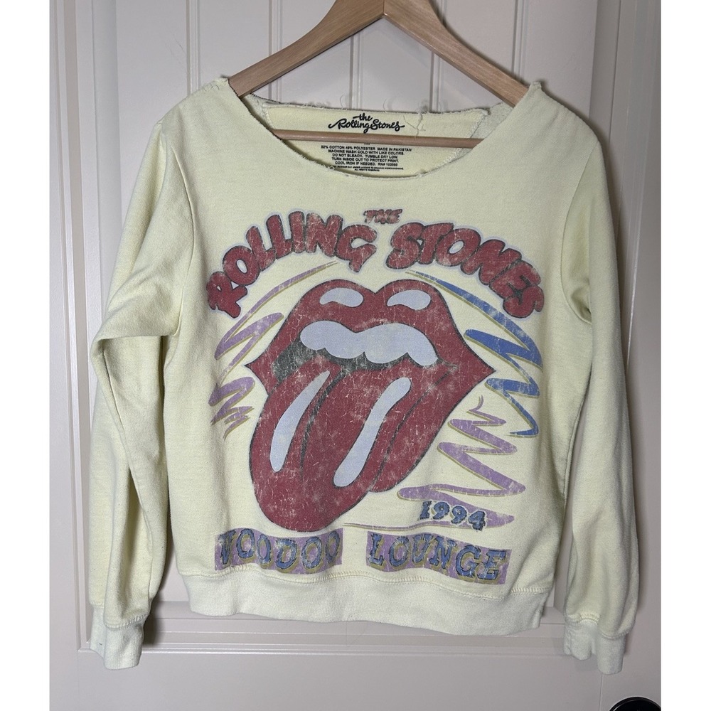 The Rolling Stones Sweatshirt Women M Yellow Mouth Graphic Retro Y2K Distressed